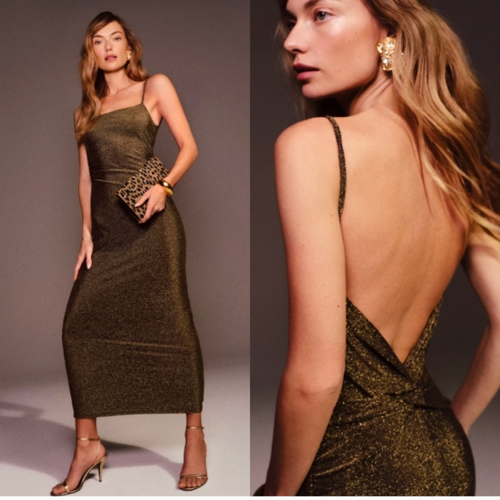 Reformation Breslin Knit Dress Size small, Black And Gold Metallic
